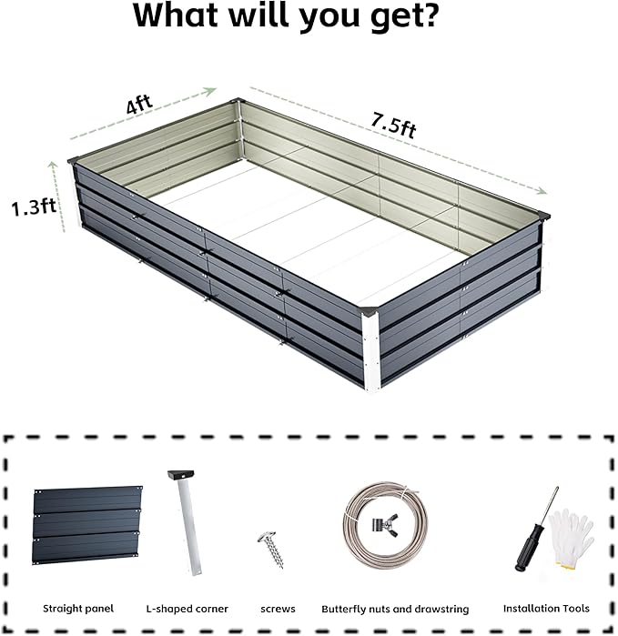 Galvanized Raised Garden Bed 7.5x4x1.3ft, 5 in 1 Durable Variable Planter Boxes Outdoor, Rust-Proof Metal Elevated Raised Beds for Gardening for Vegetables, Fruits, Flowers & Herbs