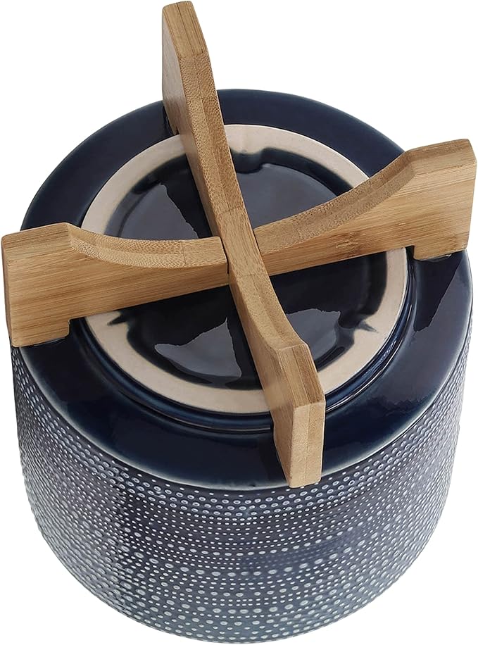 Sagebrook Home Textured Ceramic Planter with Wood Stand, Elevated Indoor/Outdoor Planter, Blue with Gray Dots, 8 L x 8 W x 10 H