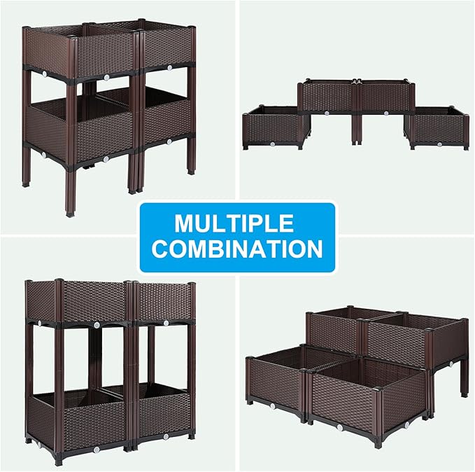 MAYOLIAH Raised Garden Bed with Drainage Elevated Planter Box Plastic Raised Beds for Gardening Vegetables Herb Flowers, Perfect for Indoor Outdoor Planting, 4 Boxes Brown