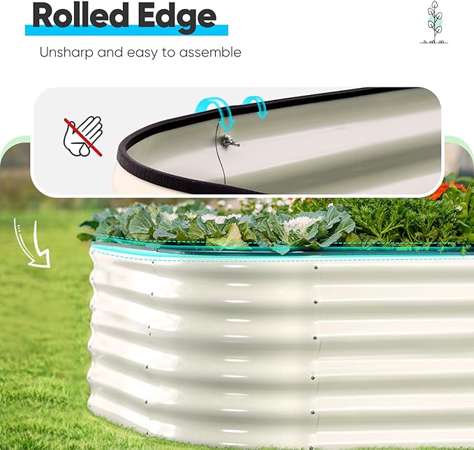 Quictent Galvanized Raised Garden Bed Kit Tall, 6x3x1.5 ft Oval Large Planting Box Rubber Strip Edging, for Vegetables Outdoor Strengthened by Crossbar (Beige)