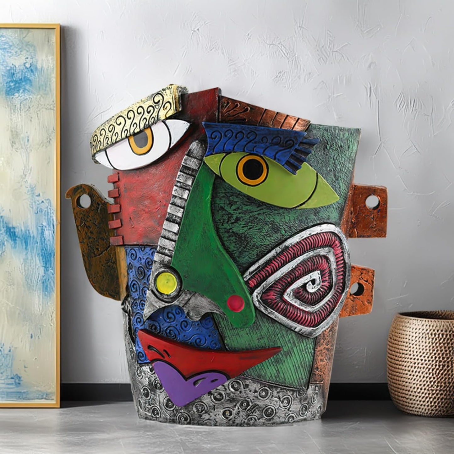 Picasso-Inspired Abstract Face Flower Pot | Unique Head Planter with Drainage Hole | Vibrant Colors & Quirky Art Decor (Frowning Expression)
