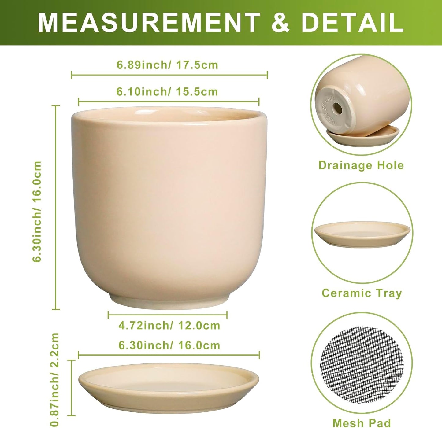 Ceramic Plant Pot - 7 Inch Mid Century Round Ceramic Planter for Indoor Plants with Drainage Hole and Saucer, Modern Home Decor, Yellow