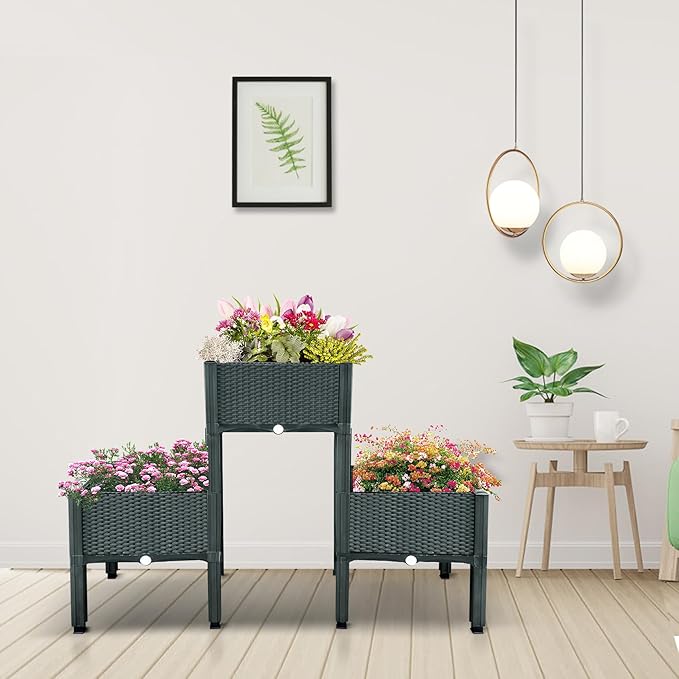 MAYOLIAH Raised Garden Bed with Drainage Elevated Planter Box Plastic Raised Beds for Gardening Vegetables Herb Flowers, Perfect for Indoor Outdoor Planting, 3 Boxes Grey