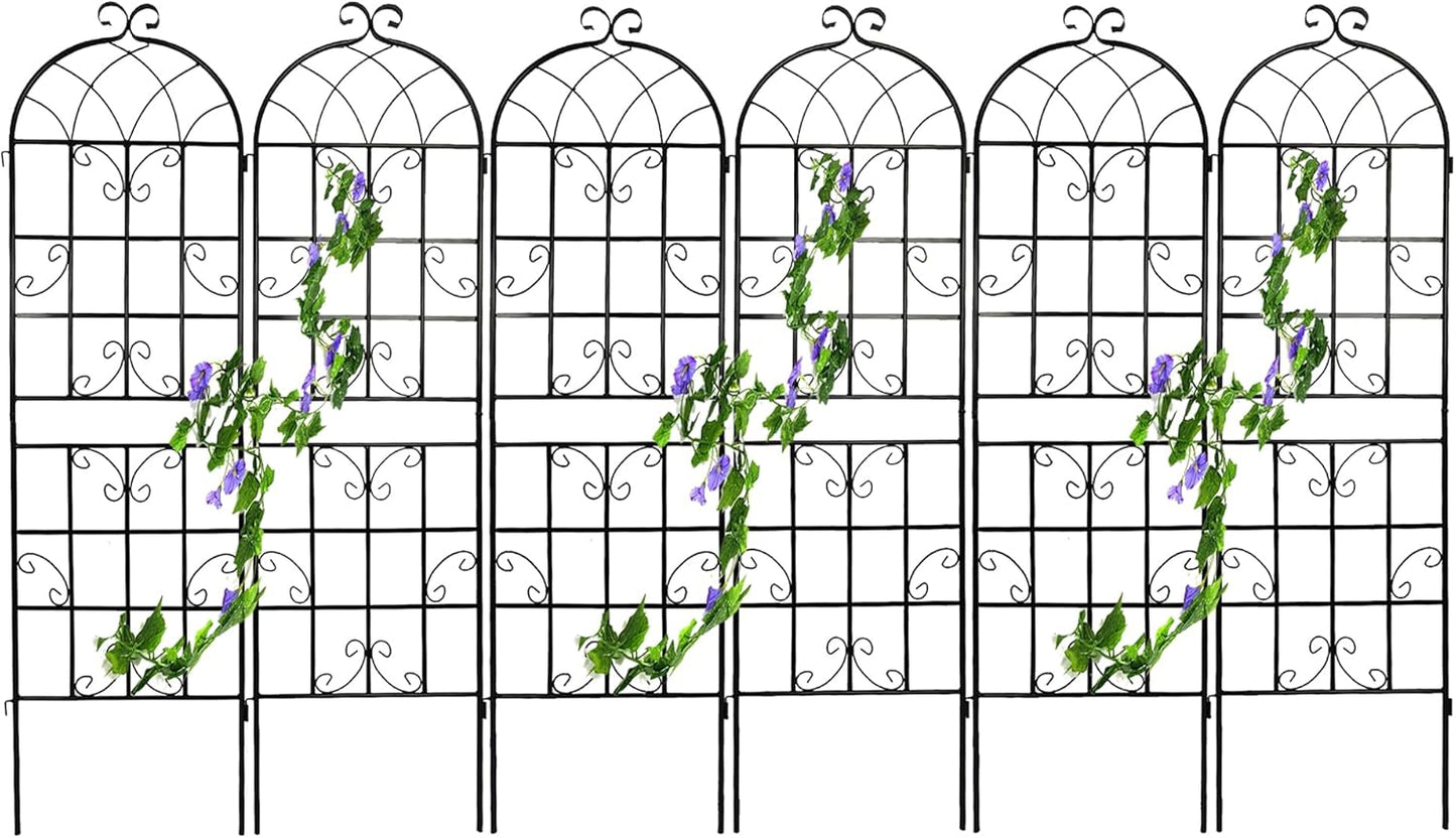 6 Pack Metal Garden Trellis for Climbing Plants, 86.7" Tall Rustproof Outdoor Trellis Panel with Vine Design, Decorative Black Iron Plant Support for Vine, Rose, Flower, Garden Wall
