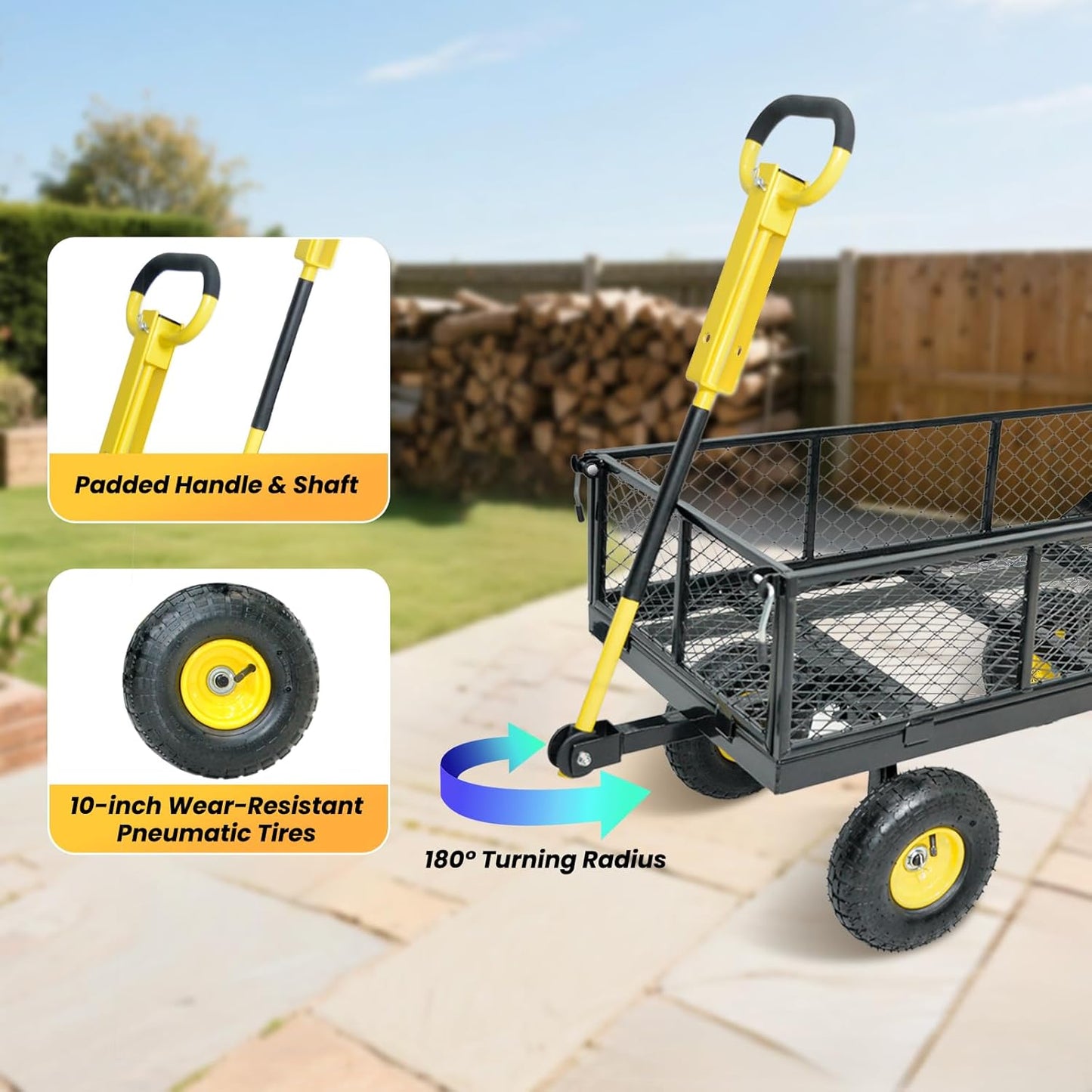 950 lbs Steel Garden Cart, Heavy Duty Yard Utility Wagon with 10" Pneumatic Tires, Removable Mesh Sides and 180° Rotating Anti-Slip 2-in-1 Convertible Handle