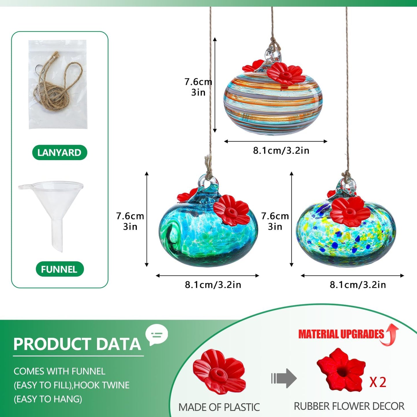 3PCS Small Glass Hummingbird Feeders for Outdoors Hand Blown Glass Humming Bird Feeder for Window Hanging Ant and Bee Proof Humming Birds Feeders