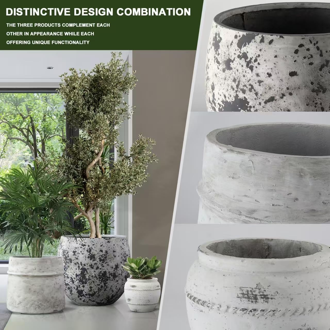 Craft flowerpots 18"+13"+9" Dia Round Concrete Planter Set of 3 Large Outdoor/Indoor Planter Pots Containers with Drainage Holes and Rubber Plug for Home Garden (White, Large)