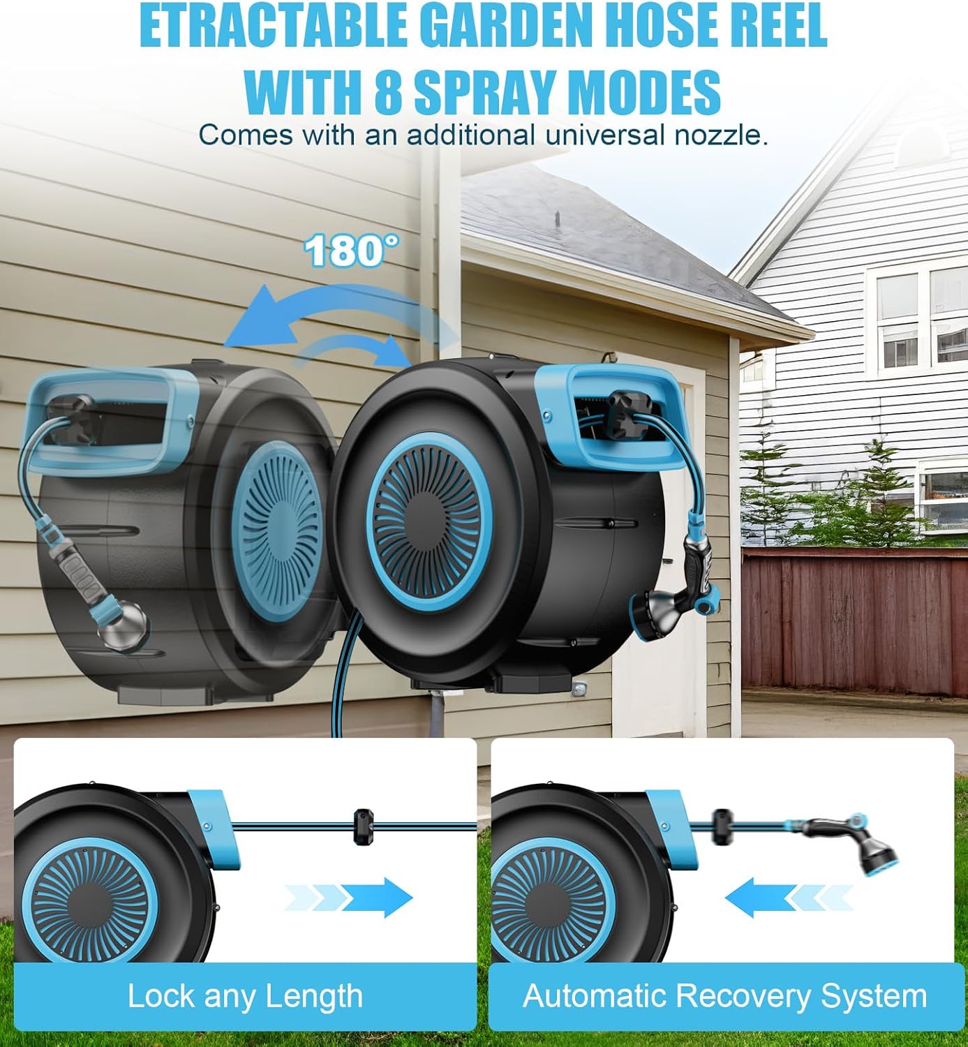 Retractable Garden Hose Reel, 100FT Portable Garden Hose with Reel, Hose Reel Wall Mount with 9-Pattern Nozzle, Automatic Rewind System, 180° Swivel Bracket, Any Length Lock (100FT)