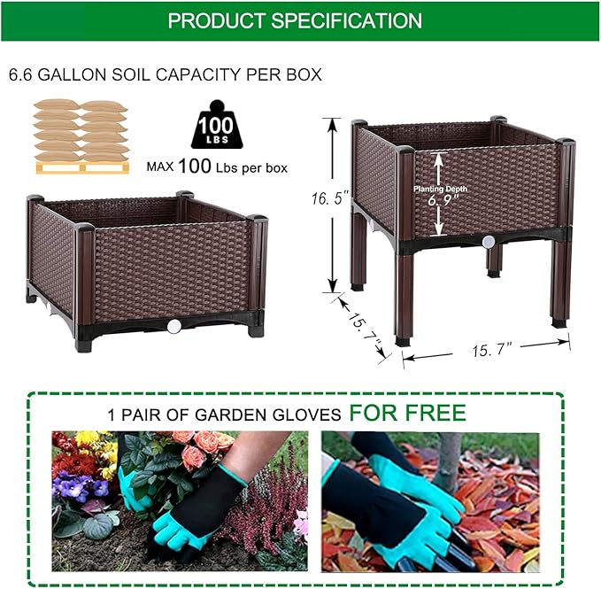 Emalie Raised Garden Beds Elevated Plastic Planter Box with Drainage Plugs Perfect for Vegetables Flowers Herbs Growing Outdoor, 47.2" Lx15.7 Wx16.5 H Brown