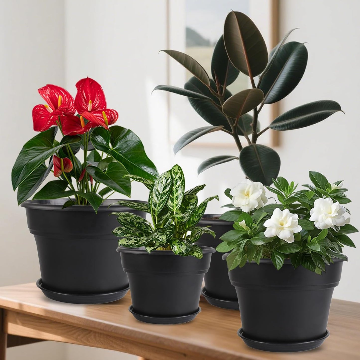 10-inch-Plant-Pots-Indoor-Outdoor, 4 Pack Plastic Planters with Drainage Holes & Saucers, Resin Flower Pots with Trays, Classic Garden Pot Container for House