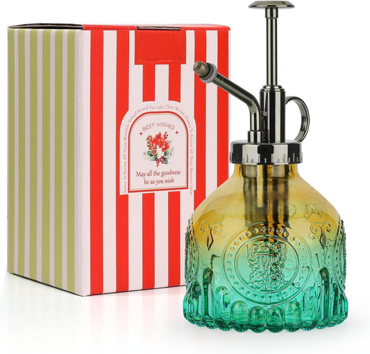 T4U Glass Plant Mister 200ML, Vintage Spray Bottle with Top Pump Fine Mist Garden Flower Sprayer Small Decorative Spritzer Watering Can Gift for Indoor Outdoor Succulent House Plant (Gradient Color)