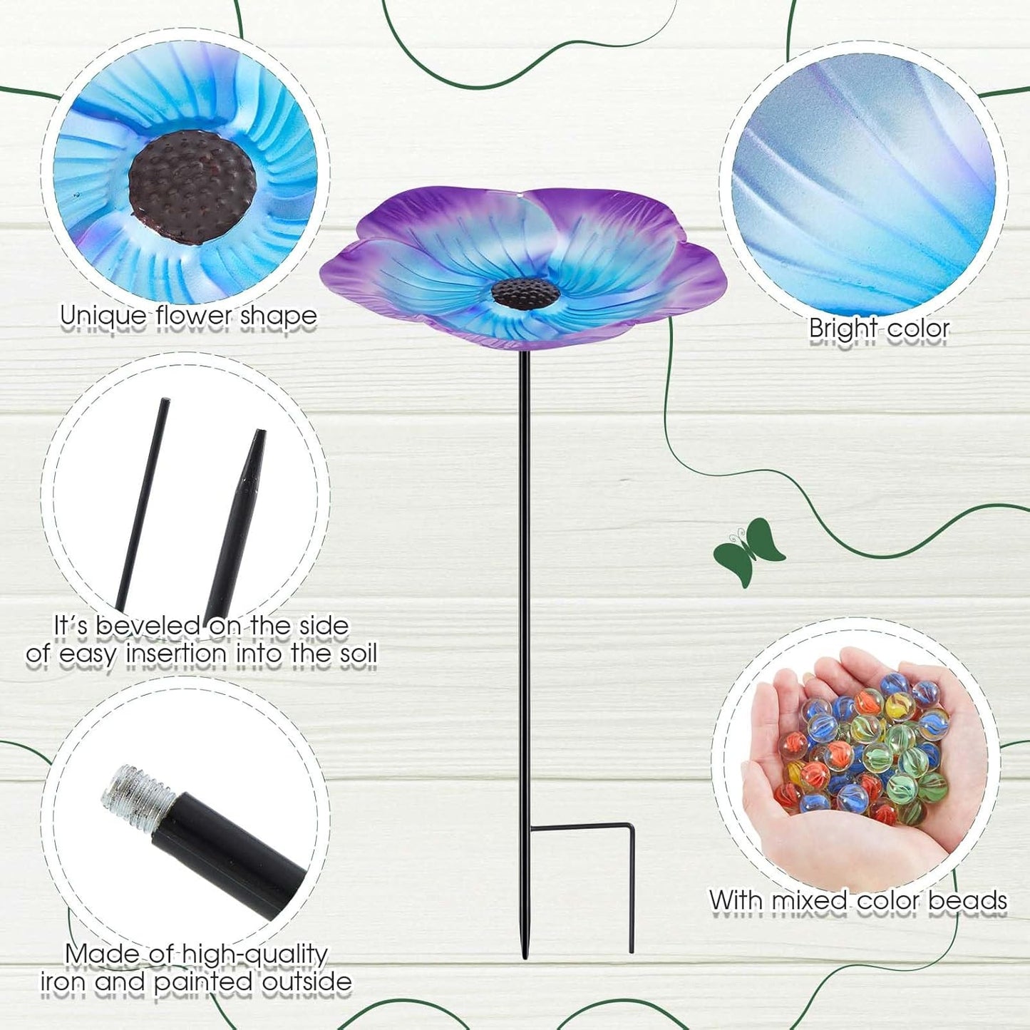 Tandefio Vivid Flower Bee Watering Station Metal Butterfly Water Feeder Cup with 30 Colorful Glass Marbles Bee Feeder Butterfly Bath Bowl for Garden Outdoor Yard Decors(Blue Purple,Flower)