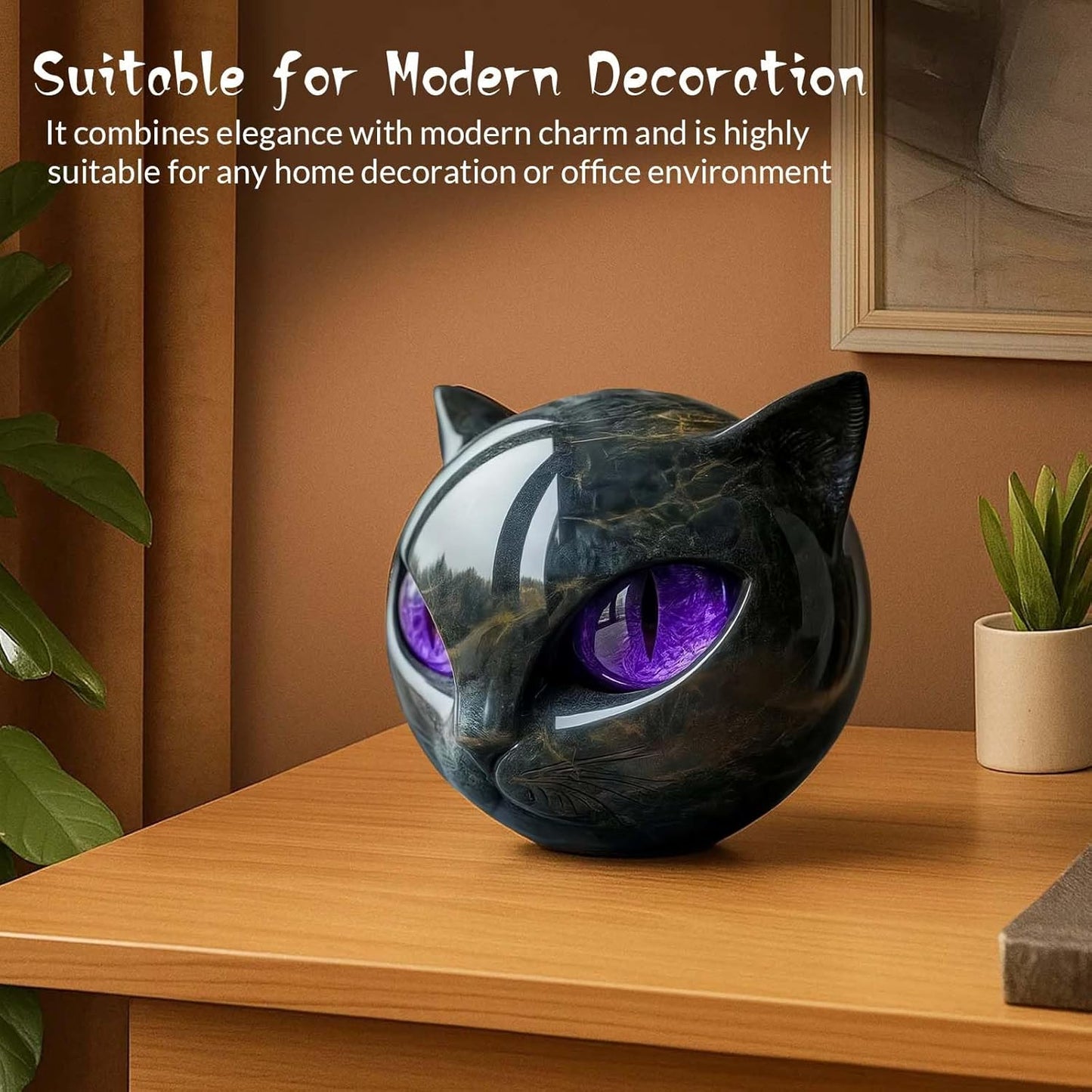 Luxury Black Cat Stone Sculpture Handcrafted Marble Look Resin Statue with Amber Eyes Elegant Home Decor & Gift-Ready Art Piece Figurine Carved Healing Gifts for Cat Lovers (Purple Eyes)