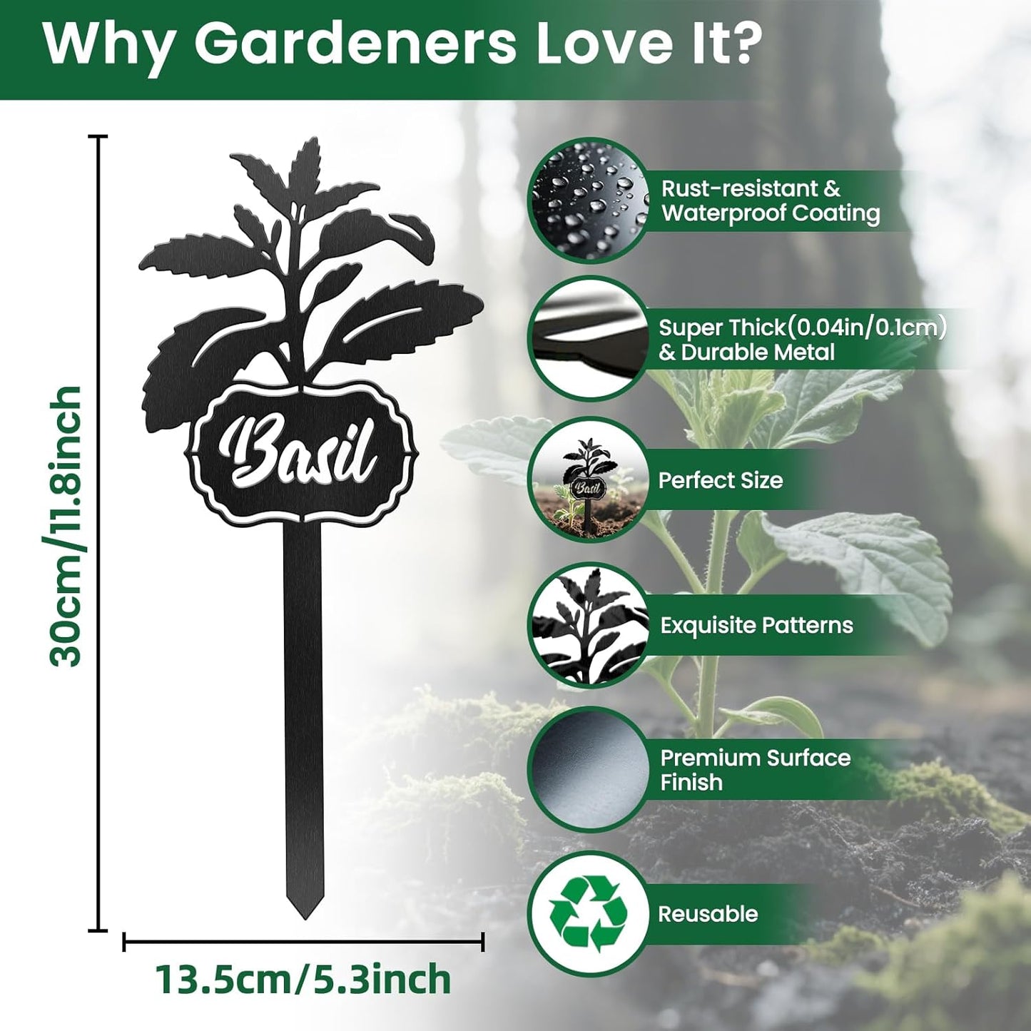 CUTHOLLOW Metal Plant Marker Stake Basil for Outdoor Indoor, Waterproof 11.8 inch Cute Garden Plant Labels Sign Tag for Vegetables, Farmhouse Greenhouse Decor - Funny Gardening Gifts