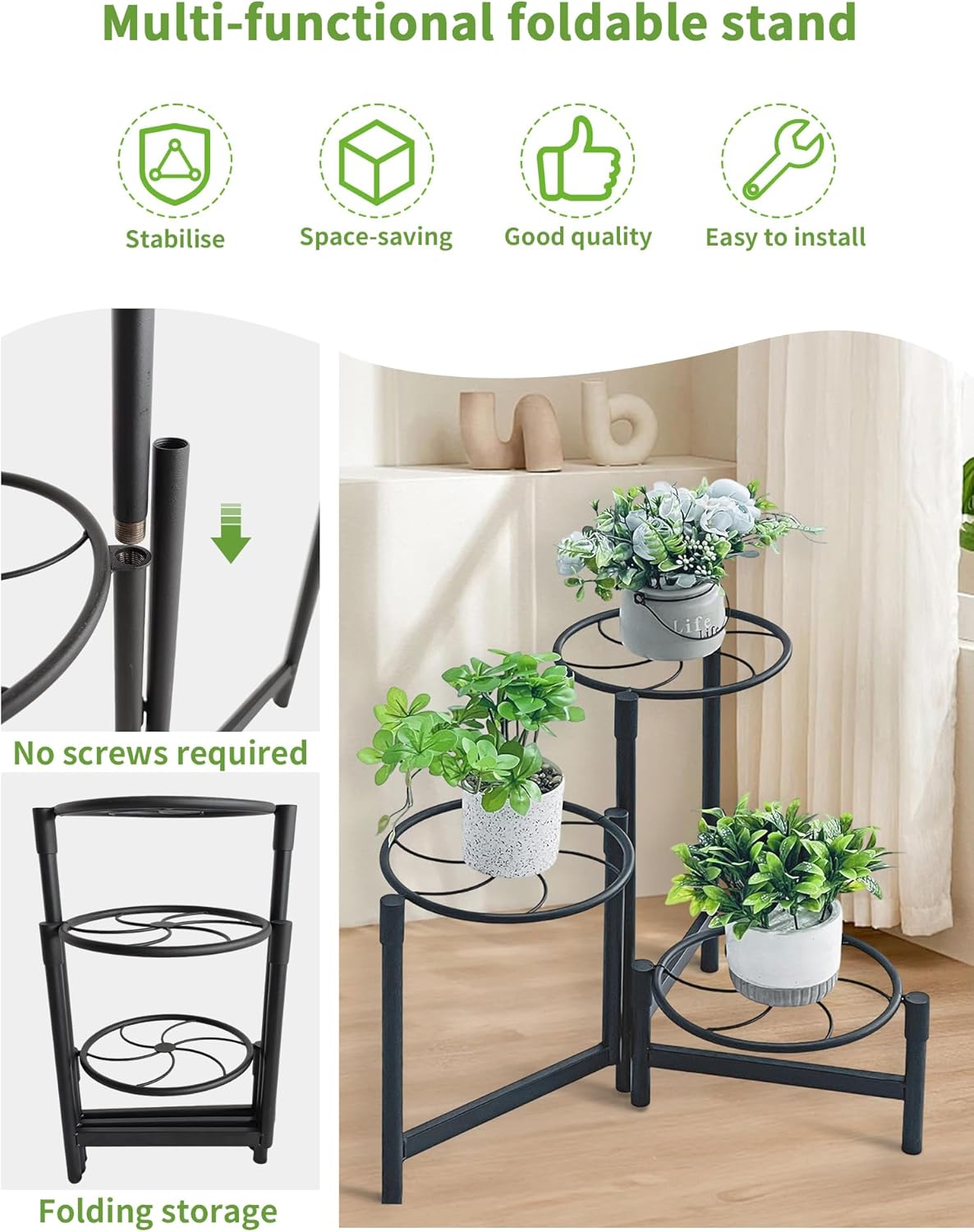 3 Tier Plant Stand Outdoor Tall Metal Corner Plant Stand for Patio Garden Balcony Living Room Bedroom Indoor Tiered Plant Shelf Black Kite