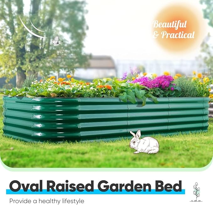 Quictent Galvanized Raised Garden Bed Kit, 8x4x1.5 ft Oval Metal Planter Box Tall for Vegetables Outdoor Backyard, Rubber Strip Edging Included (Dark Green)