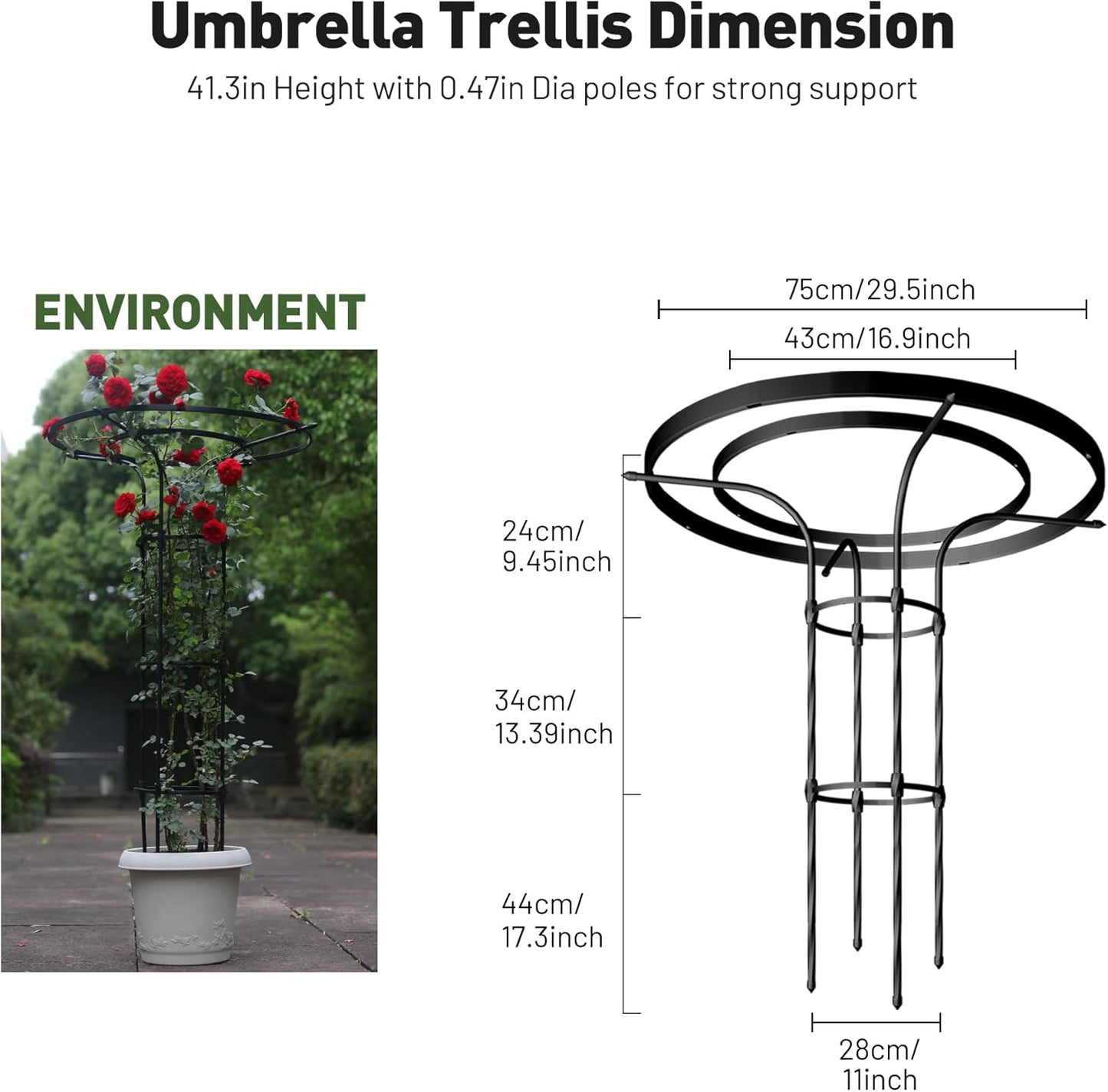 Garden Trellis for Climbing Plants Outdoor, 3.7FT Tall Metal Obelisk Trellis, 41.3" Umbrella Trellis for Potted Plants, Mushroom Top Trellises for Vines, Rose, Clematis, Pea, Bean, Tomato
