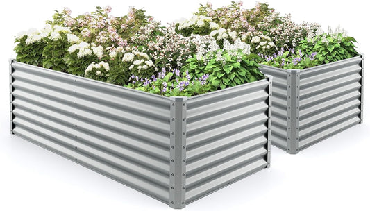 2 Pieces Raised Garden Beds, Metal Garden Planter with Open Bottom, Sprayed Plate & Thickened Corner Protectors, Outdoor Planter Box for Vegetables, Flowers & Herbs (Gray)