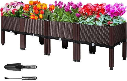 MAYOLIAH Raised Garden Bed with Drainage Elevated Planter Box Plastic Raised Beds for Gardening Vegetables Herb Flowers, Perfect for Indoor Outdoor Planting, 4 Boxes Brown