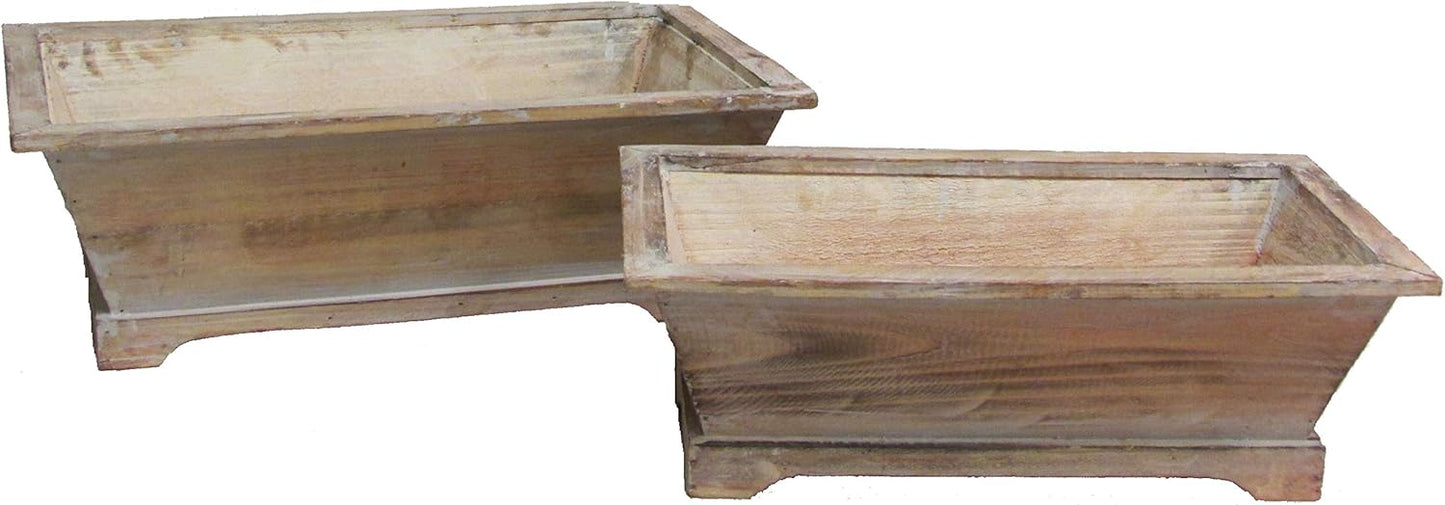 Admired By Nature Set of 2 Rustic Wood Long Rectangular Planters with Hard Liner - Rustic White Wood Finish - for Home Decor, Gardens, Plants, Flowers, Organization