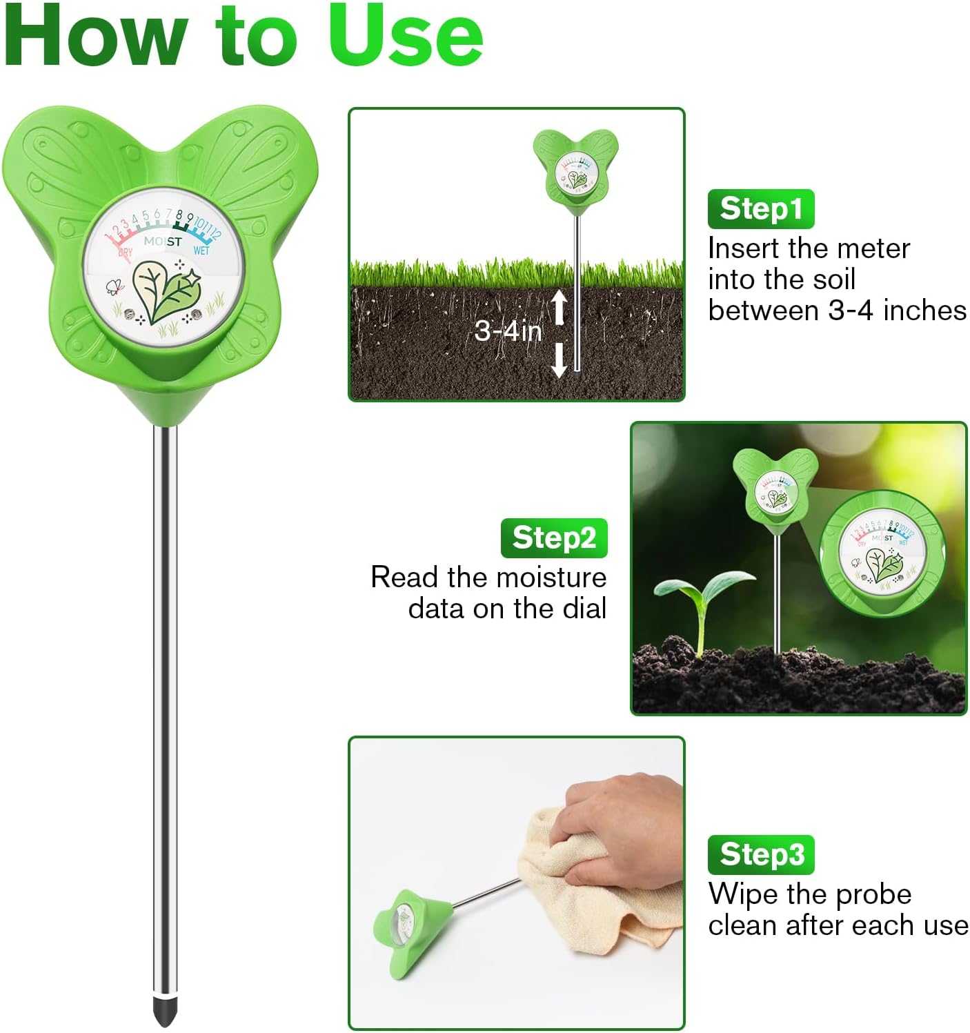 UNIWA Soil Moisture Meter, Plant Water Meter for House Plants and Indoor Potted Plants, Soil Moisture Monitor for Garden, Farm, and Lawn Plant Care, No Battery Needed- 2pack