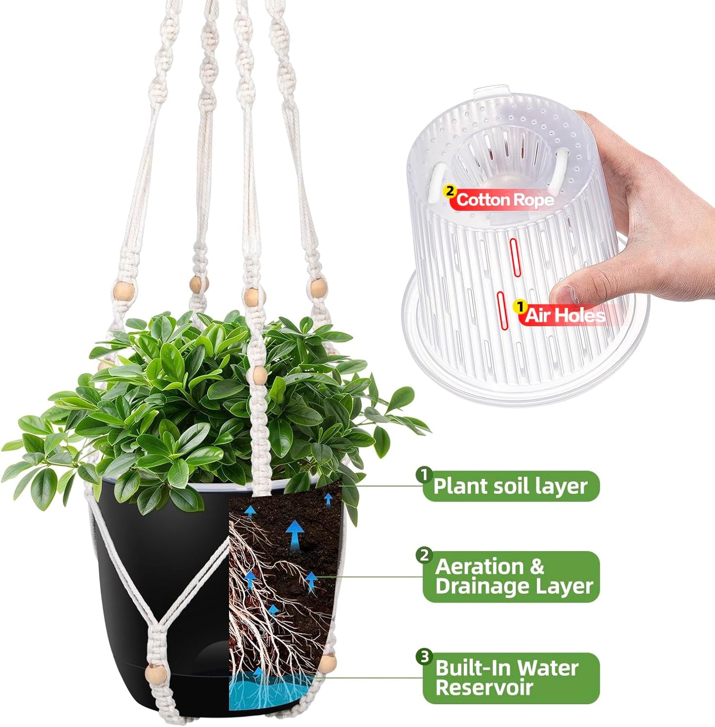 2-Pack 5.7-Inch Self-Watering Hanging Planters for Indoor & Outdoor Plants,34Inch Macrame Hanger Plant Pots Indoor with Drainage,Small Hanging Planters & Baskets,With Two Sets of Hooks（Pure black）