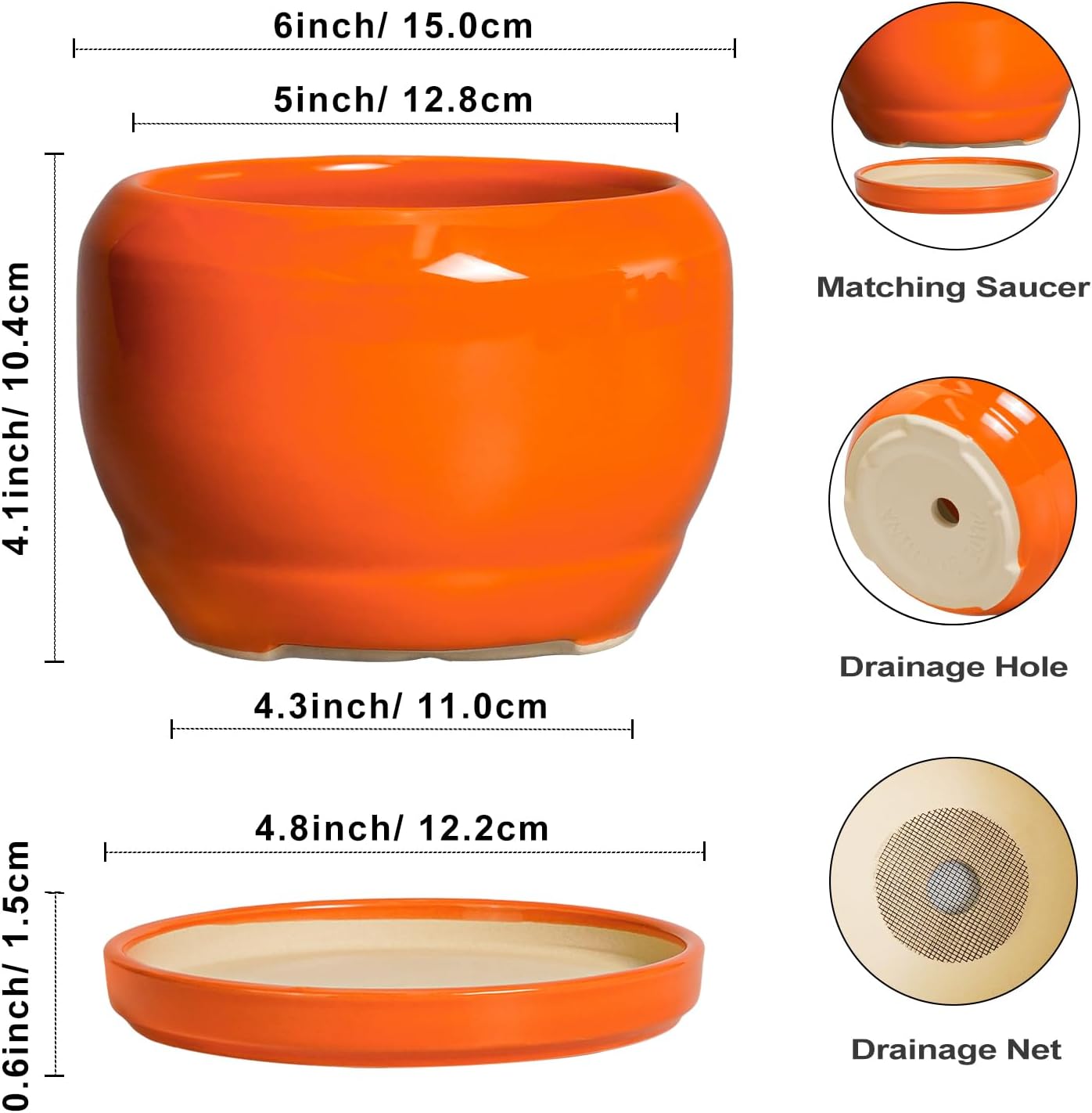 SQOWL Ceramic Plants Pots - 6 Inch Planter Indoor with Drainage Hole and Plant Saucer, Modern Round Planter Outdoor, Decorative Succulent Pot, Home Decor, Housewarming Gifts, Orange
