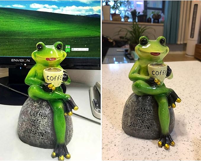 OwMell Frog Statue for Garden, Drinking Coffee Green Frog Figurine for Outdoor Decor Yard and Garden Decoration Resin Sculpture 6 Inches