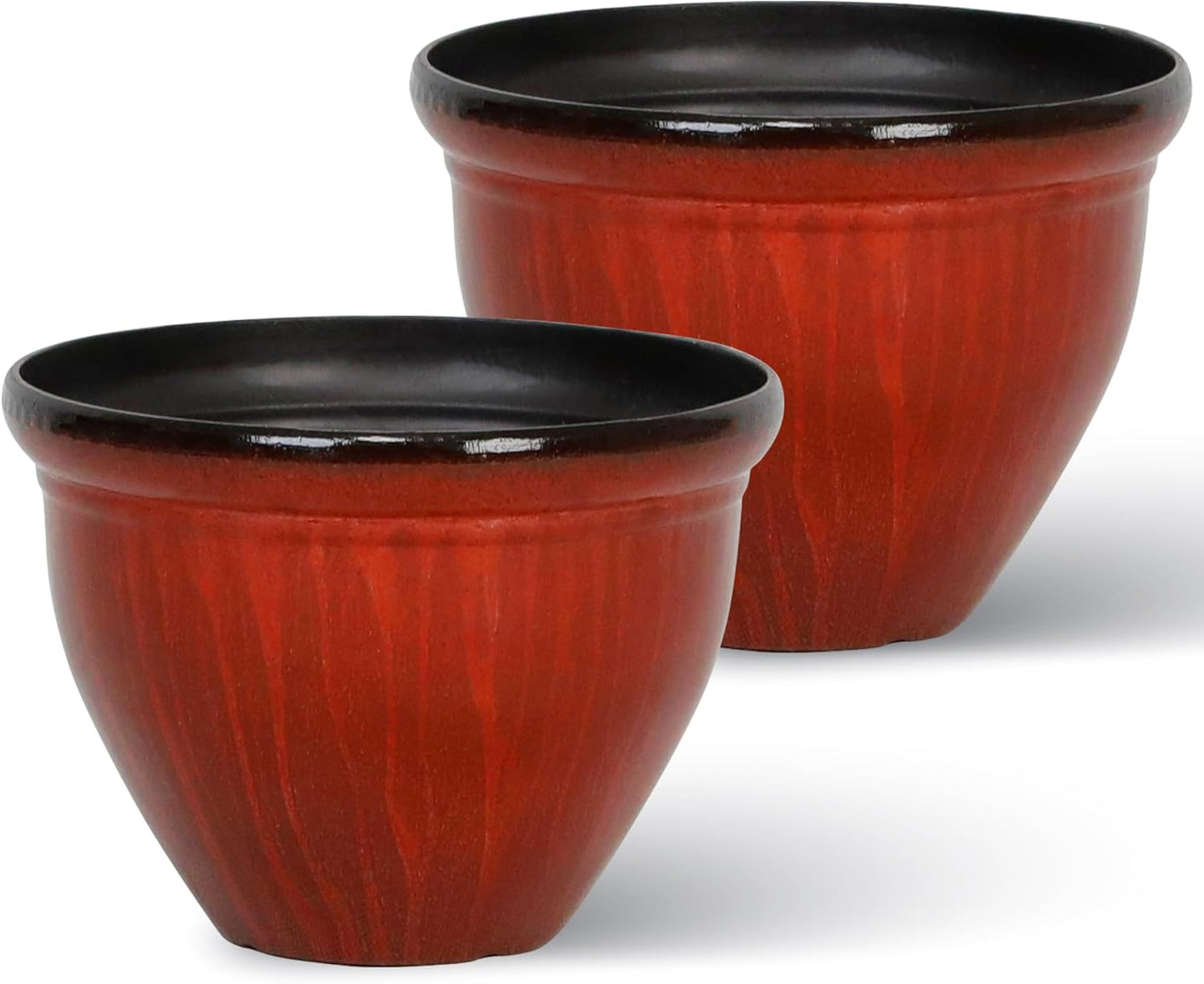 Worth Garden 8-Inch Dia. Round Red Plastic Planters with Drain Holes, 5.9-Inch Height - 2-Pack Glossy Finish Bell-Shaped Plant Pot – Lightweight Indoor/Outdoor Flower Pots