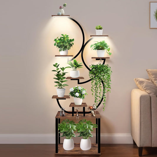 Plant Stand Indoor with Grow Lights, 9 Tiered Indoor Plant Shelf, 62.2" Lighted Corner Plant Stands for Indoor Growing, Metal Large Plant Flower Holder, S-Shaped Plant Rack for Home, Patio, Living Room, Balcony, Black