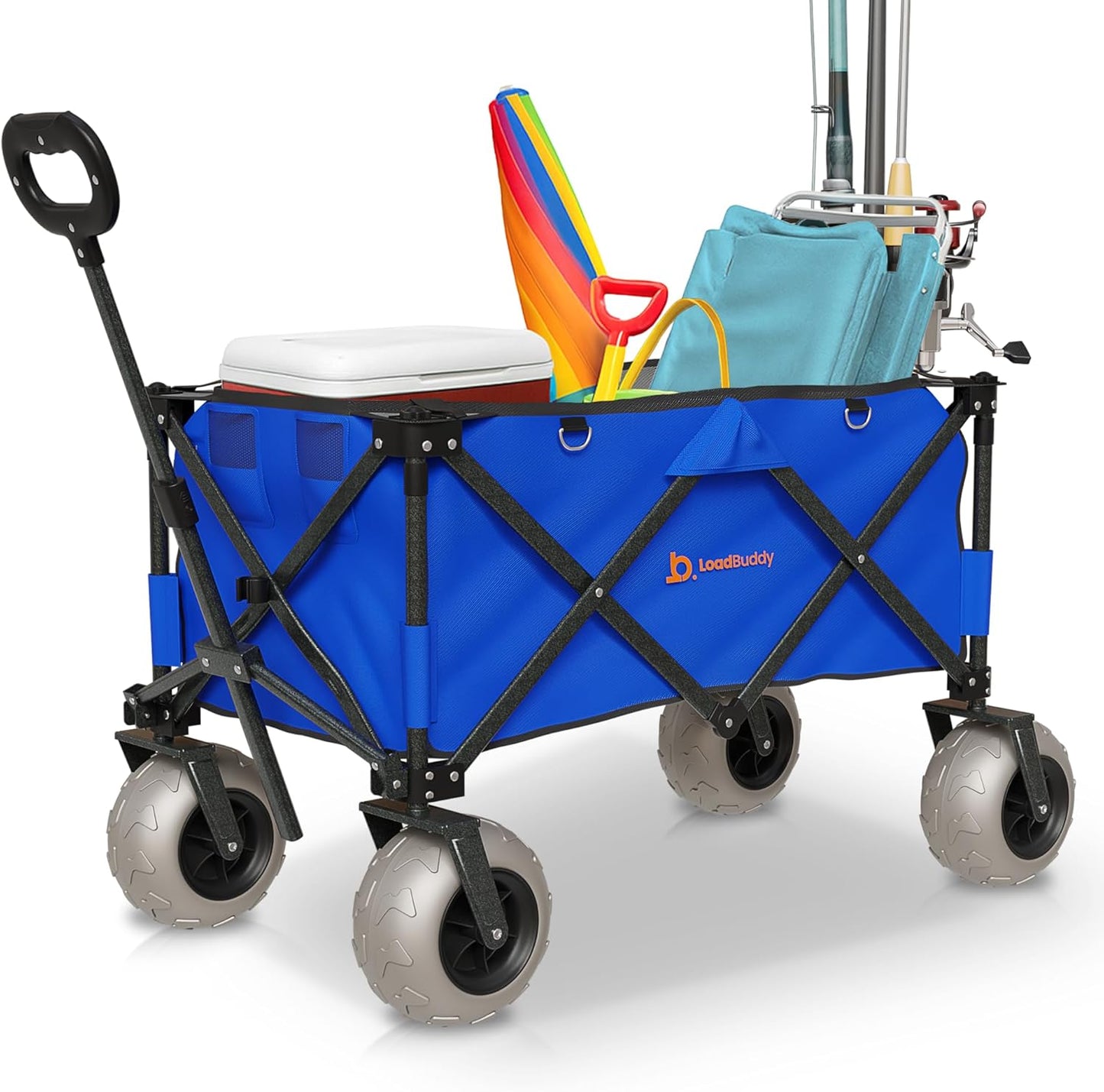 Beach Wagon with 9" Balloon Wheels & Fishing Rod Holders – Foldable Cart for Sand with Inflatable Tires, Bonus Pump & Spare – Heavy Duty Utility Wagon - Gray/Orange