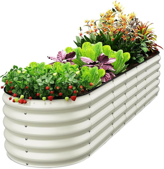Oval 8x2x1.5 FT Galvanized Raised Garden Bed Kit, 31 in 1 Large Metal Planter Box for Outdoor Gardening, 18” Garden Bed for Vegetables Flower Herb(Pearl White)
