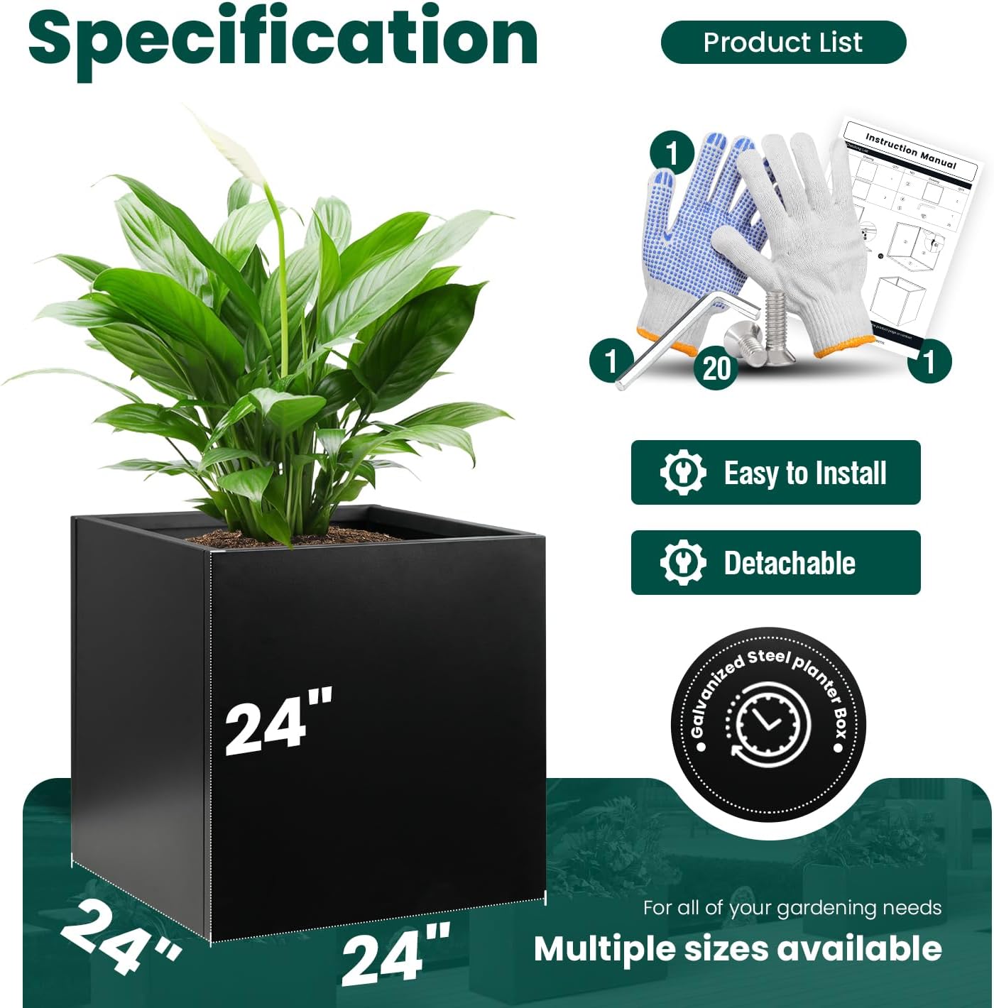 Galvanized Steel Planter Box Black Metal Planter Large Square Indoor Outdoor Planters Cube Steel Heavy Duty Flower Pot 24Inch Powder Coating Modern Commercial Residential for Patio, Deck, Yard, Garden