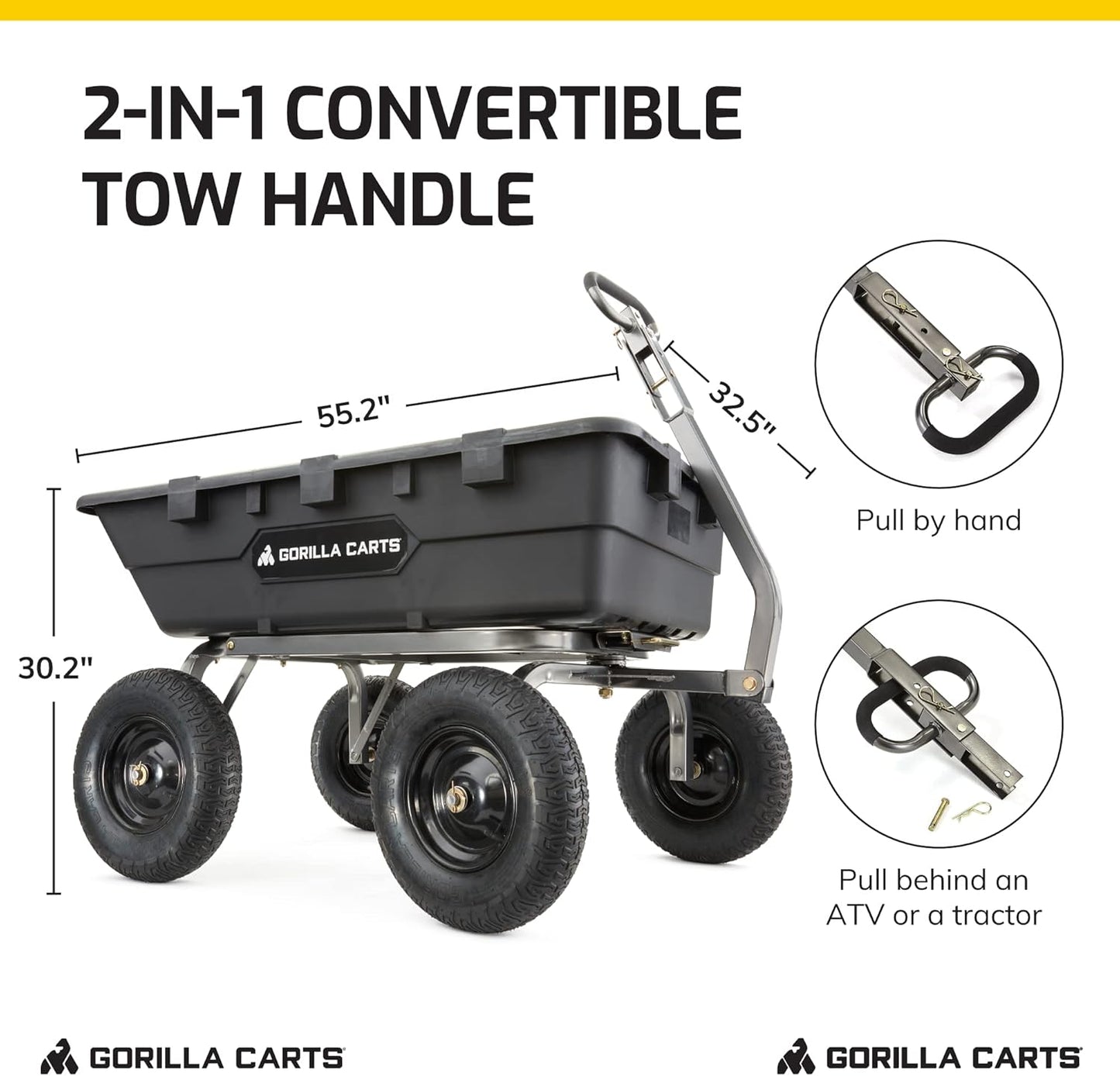 Gorilla Carts Heavy-Duty Poly Yard Dump Cart, 10 Cu Ft Tub, 1500 lb Haul Capacity, Black – Towable Utility Wagon with Quick-Release Dumping & Pneumatic Tires for Landscaping and Gardening