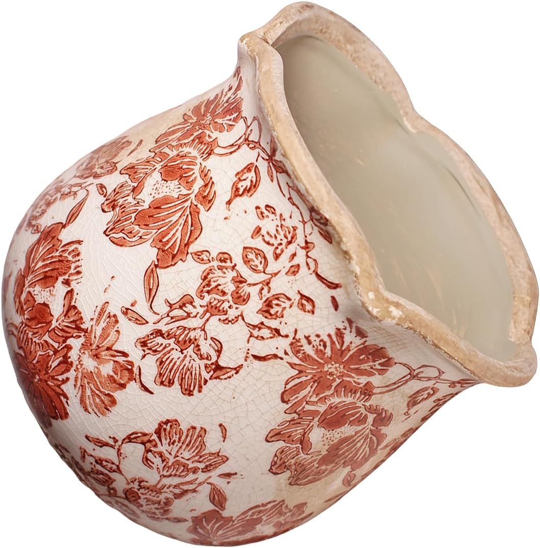 Ceramic Pots for Plants, Vintage Plant Pot with Drainage Hole, 6.11in. Planter for Indoor Plants, Crackle Glaze Finish Flower Pot, Perfect Tuscan Ceramic Planter for Gardening, Red Flower