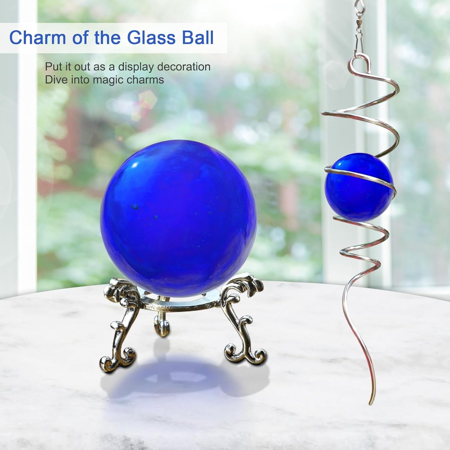 Gazing Ball Spiral Tail with Dark Blue Glass Orb, Wind Spinner Stabilizer for Wind Spinners, Hanging Decoration Decor for Garden Yard Patio Outdoor Indoor, Creative Gift, 13in Height
