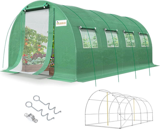KING BIRD Premium 20x10x6.6FT Greenhouse for Outdoors, Large Walk-in Heavy Duty Galvanized Steel Frame, Mesh Door Screen Window Upgraded Zipper Tunnel Hoop for Garden Plant Winter, Green
