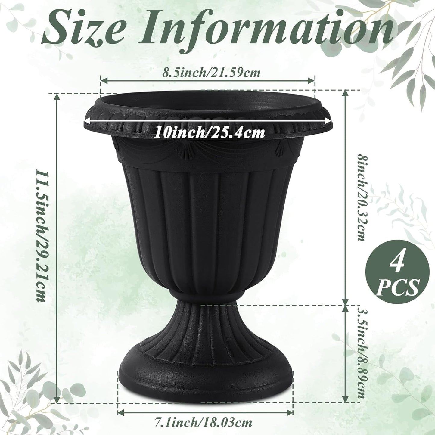 Zhehao 4 Pcs Plastic Urn Planter 10 x 11.5 Inch Black Classic Flower Pots Front Porch Planters Indoor Outdoor Planters with Pedestal for Wedding Party Bridal Shower Garden Patio Home Decor