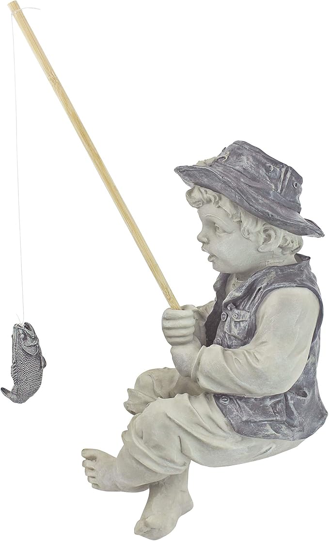 Design Toscano Frederic the Little Fisherman of Avignon Boy Fishing Garden Statue, 15 Inch Tall, Cast Stone Resin, Two Tone Stone Finish