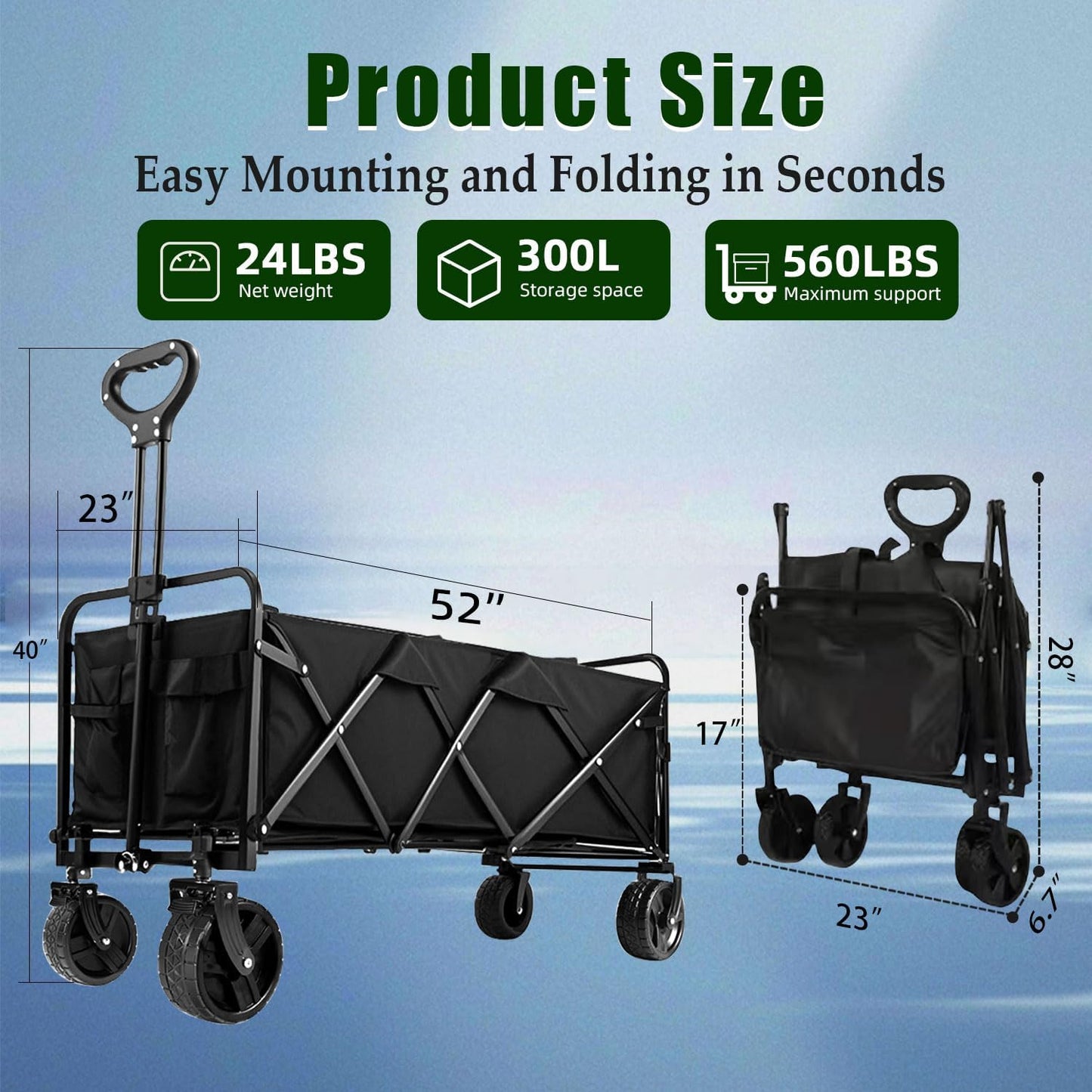 52" L Collapsible Wagon Cart Foldable, 300L 560lbs Weight Capacity, Heavy Duty Beach Wagon with Big Wheels, Shopping Carts for Grocery, Camping, Shopping, Beach, Garden Cart
