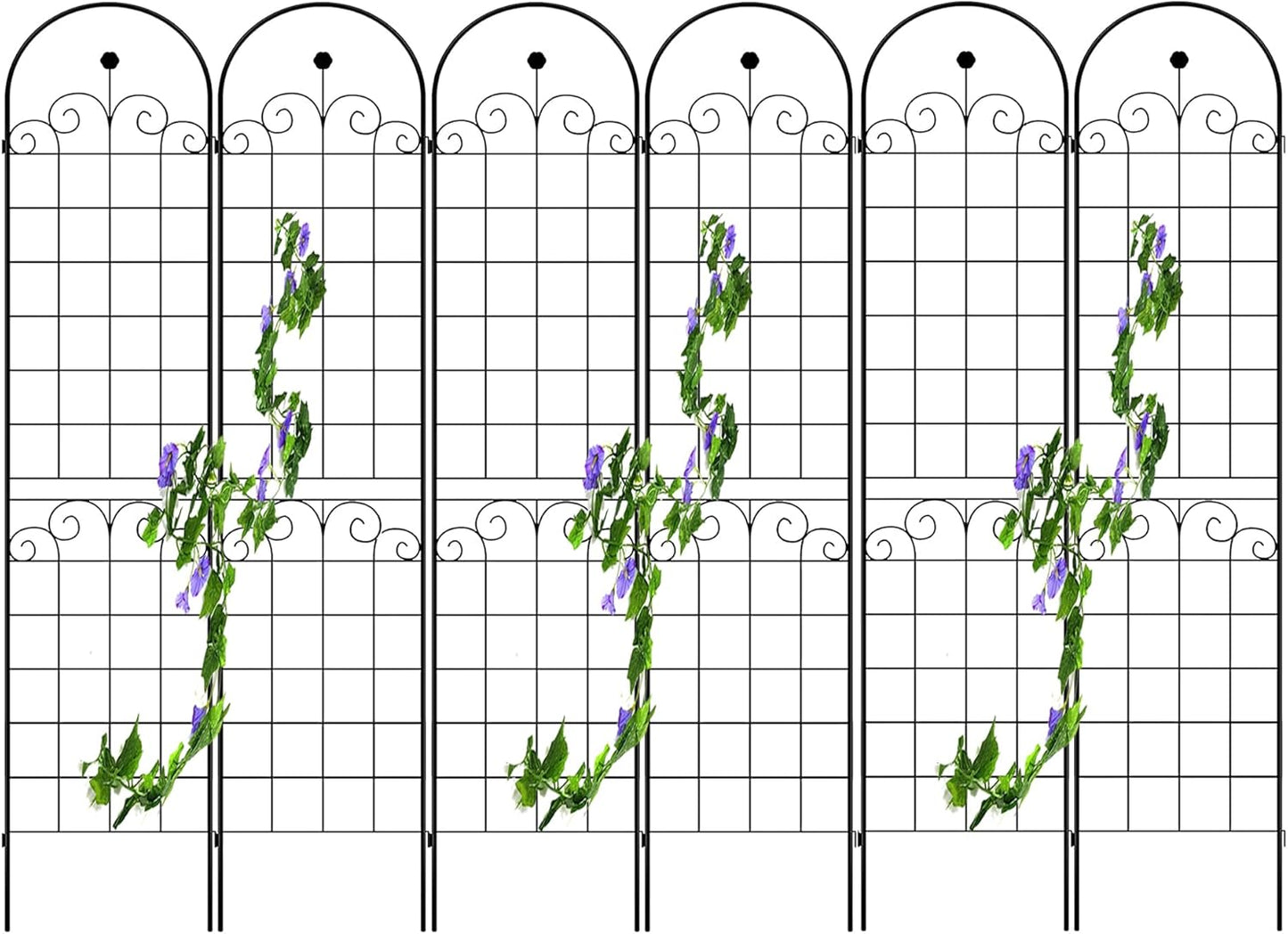 6 Pack Metal Garden Trellis for Climbing Plants, 86.7" Tall Rustproof Outdoor Trellis Panel w/Curly Grass Design, Decorative Black Iron Plant Support for Vine, Rose, Flower, Garden Wall