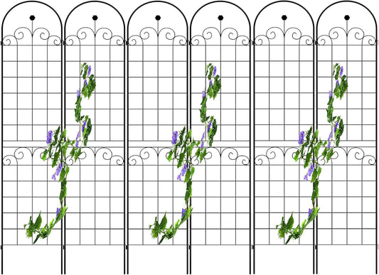 6 Pack Metal Garden Trellis for Climbing Plants, 86.7" Tall Rustproof Outdoor Trellis Panel w/Curly Grass Design, Decorative Black Iron Plant Support for Vine, Rose, Flower, Garden Wall