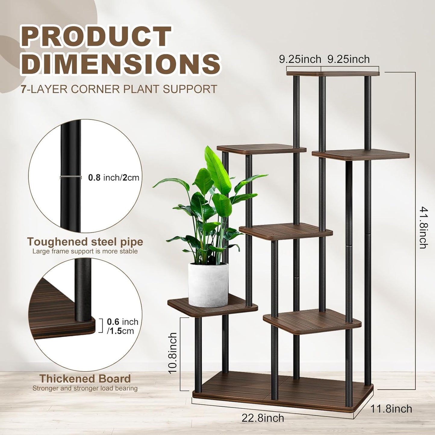 7 Tier Wood Tall Plant Stand Metal Rack Indoor, Multiple Flower Pot Holder Shelves Corner Rack, Planter Shelf Display Rack Storage Organizer for Patio Living Room Balcony Garden(Black Oak)
