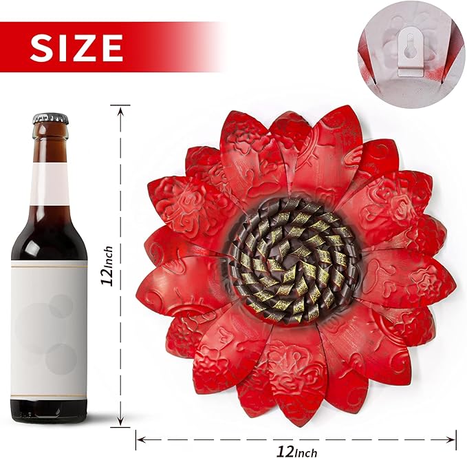 EASICUTI Red Sunflower Metal Flowers Wall Decor Metal Wall Art Decorations Hanging For Indoor Outdoor Home Bathroom Kitchen Room Bedroom Living Room Garden Patio Porch 12 Inch