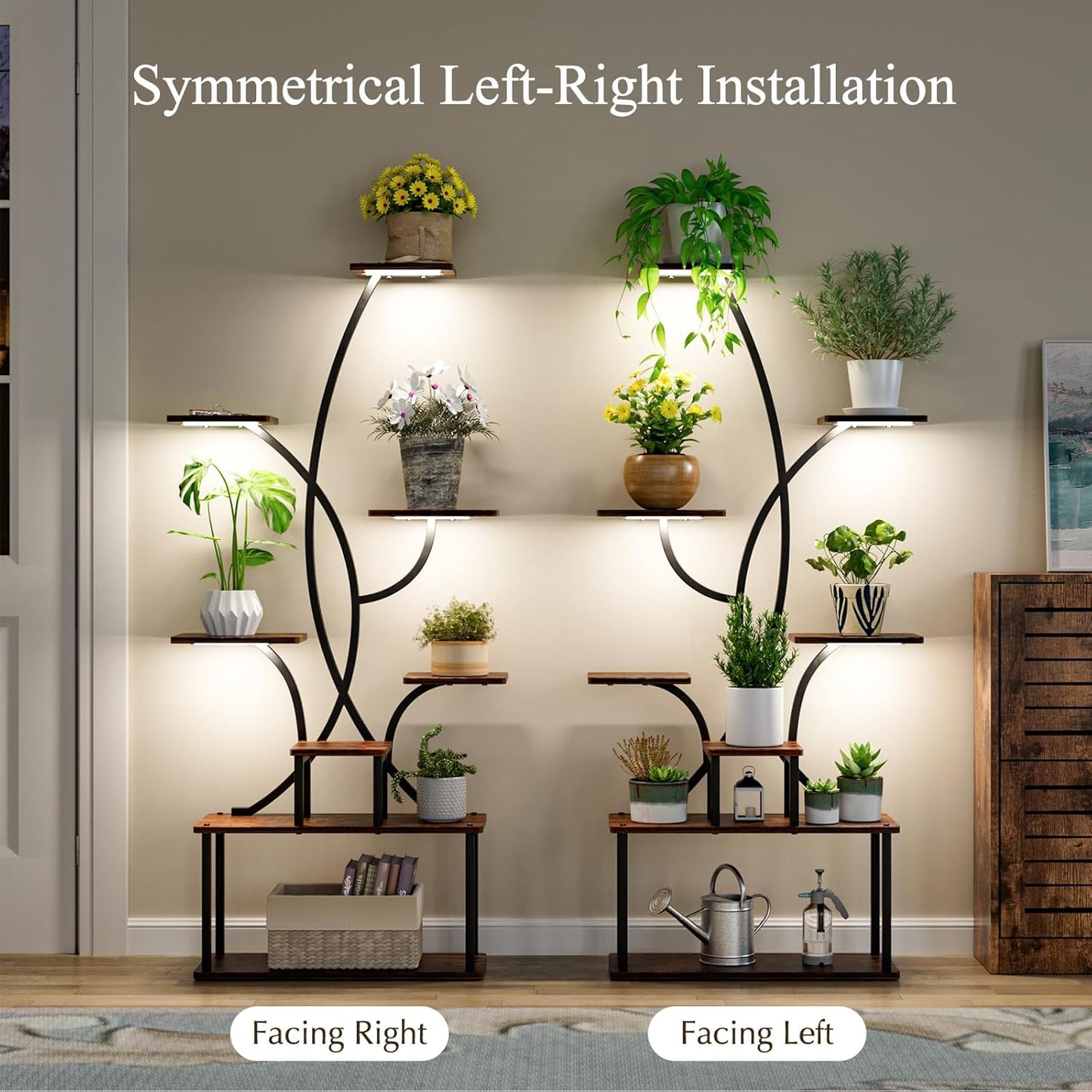 Plant Stand Indoor, 8 Tiered Indoor Plant Shelf, 65" Tall Plant Stand with Grow Light, Corner Flower Stand S-Shaped Metal Holder Reversible Installation, Plant Rack for Home Patio Black