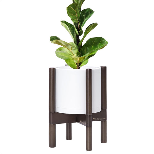 D'vine Dev Planter Pot with Stand - 8 Inch Plastic Cylinder Flower Pot with Wood Planter Holder for Indoor, Matte White Pot + Walnut Color Stand, 55-C-I-1
