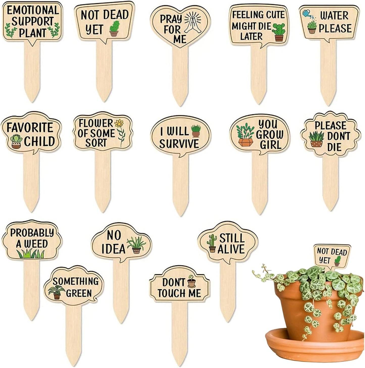 15 Pcs Garden Plant Markers, Wooden Plant Labels Tab Funny Plant Signs with Stake, Interesting Words Garden Tags Labels for Outdoor Indoor Patio Supplies Stakes for Potted Novelty Gifts