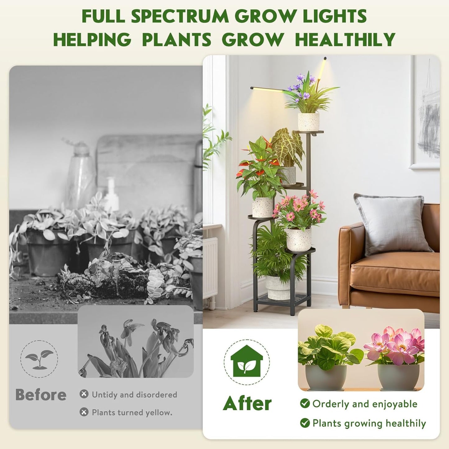 TOSKING 48" Tall Plant Stand with Grow Lights - 5-Tier Corner Plant Shelf with LED Full Spectrum Lights with Dimmer & Timer, Multi-Functional Corner Plant Stand for Home, Office, Balcony (Grow Light 5 Tier-Black)