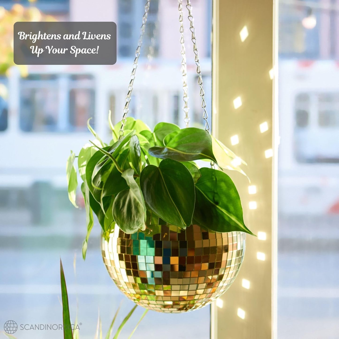 SCANDINORDICA Disco Ball Planter – Disco Ball Plant Hanger, Mirror Disco Planter with Chain, Macrame Hanger, Acrylic Stand and Insert Pot, Hanging Planter | Disco Ball Decor – 20 cm (8“) Gold
