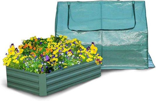 Aoodor 4 x 2 x 1 ft Raised Garden Metal Bed, Mini Greenhouse Kit with 2 Roll-up Zipper Doors, for Vegetables, Herbs and Flowers